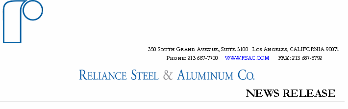 (RELIANCE STEEL ALUMINUM CO. LETTERHEAD)
